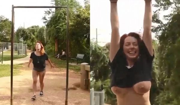 [欧美] 大奶妹妹吊单槓~双峰外露不怕你看!!
